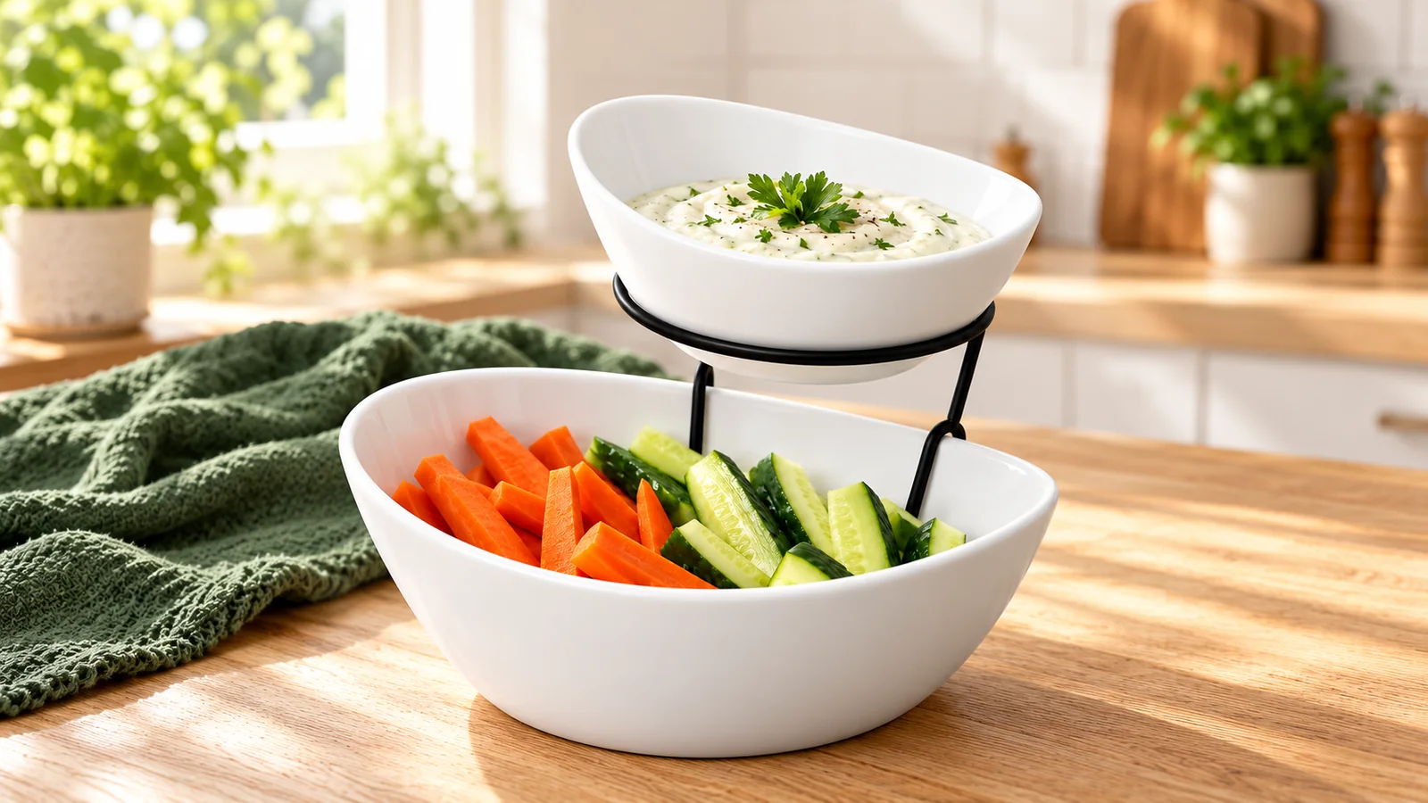 AI-generated illustration of a white two-tier chip and dip serving set with a small raised dip bowl above a larger snack bowl, supported by a black metal stand.
