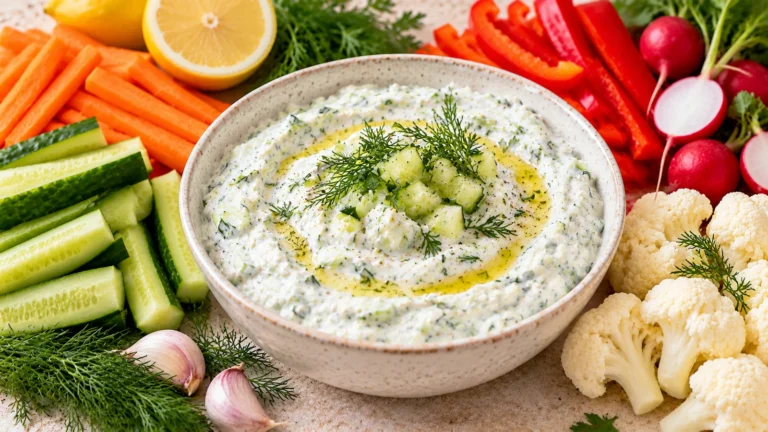 Tzatziki maison crémeux au yaourt grec, concombre et aneth servi avec des crudités
