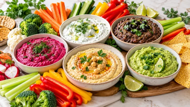 Vegetarian dips with carrots, cucumber, broccoli, peppers, chips and crackers