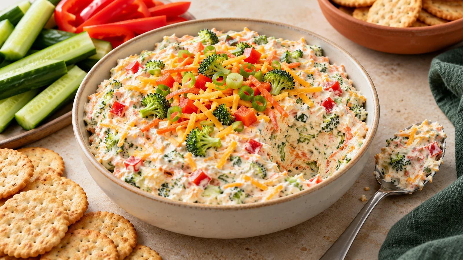 Creamy veggie pizza dip with broccoli, carrot, red pepper, scallions and cheddar, served with cucumber spears and crackers