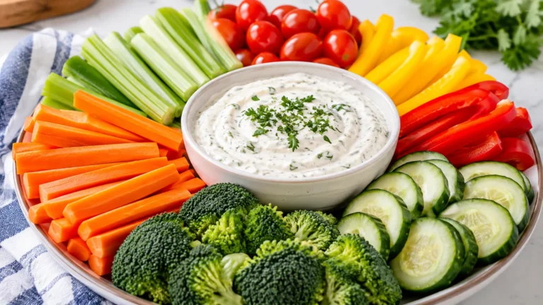 Veggies and dip: Fresh carrots, cucumber, celery, bell pepper and broccoli served with creamy dip on a simple veggie snack plate.
