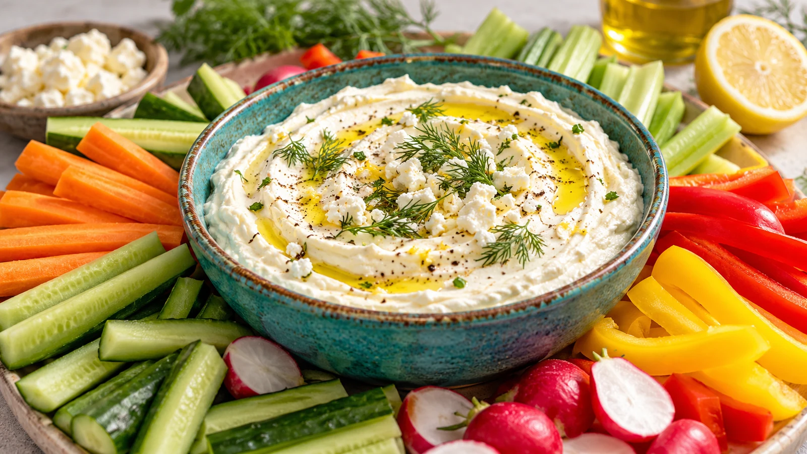 Creamy whipped feta dip with olive oil, fresh dill, cucumber sticks, carrots and bell peppers in a ceramic bowl
